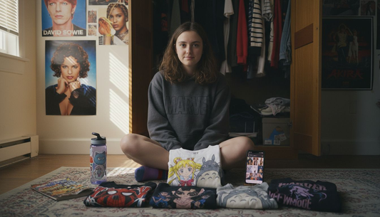 Teen girl sorting pop culture wardrobe on floor
