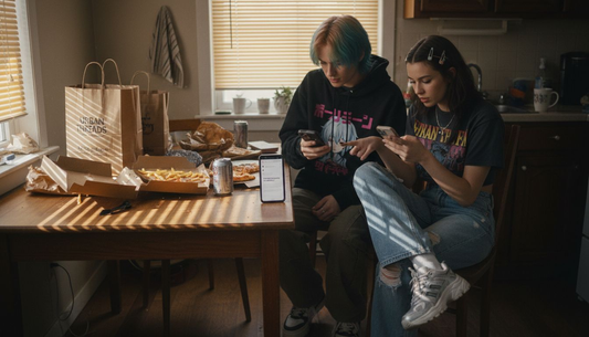 Young adults discuss trends amid shopping bags