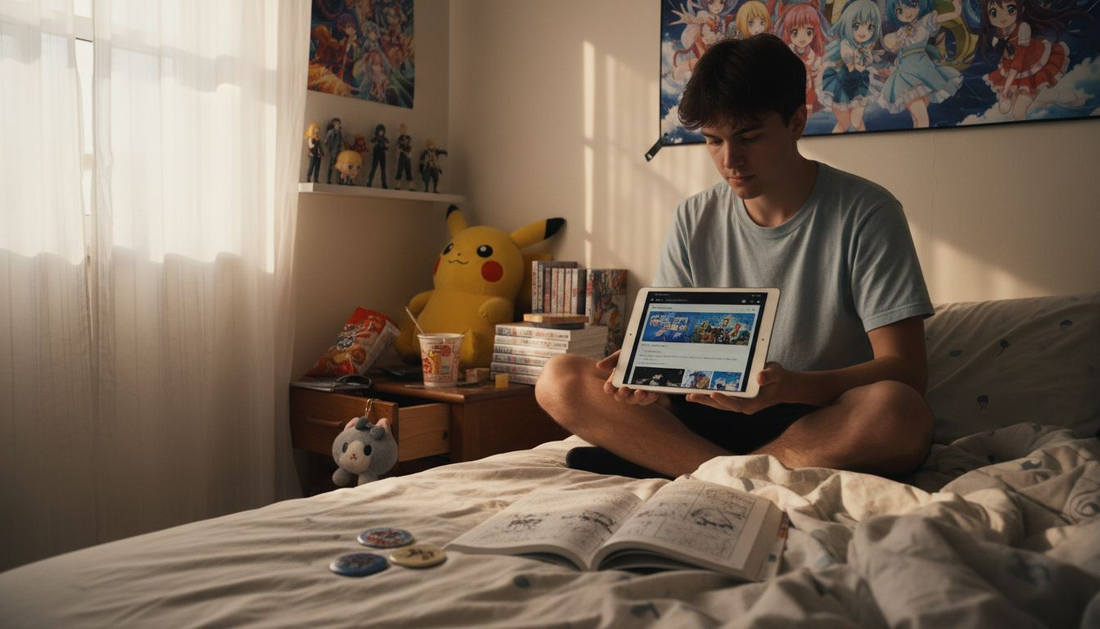 Anime fan surrounded by merchandise on bed