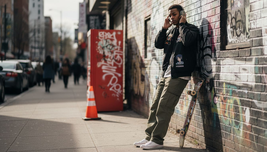 Young adult in anime streetwear, urban background